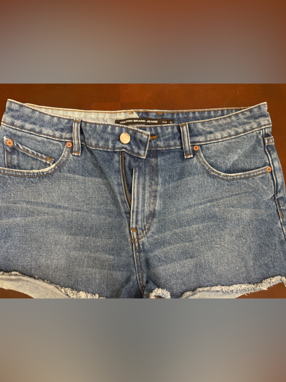 Volcom Brand Jeans Women Blue Denim High Waisted Raw Hem Jean Shorts Size 31